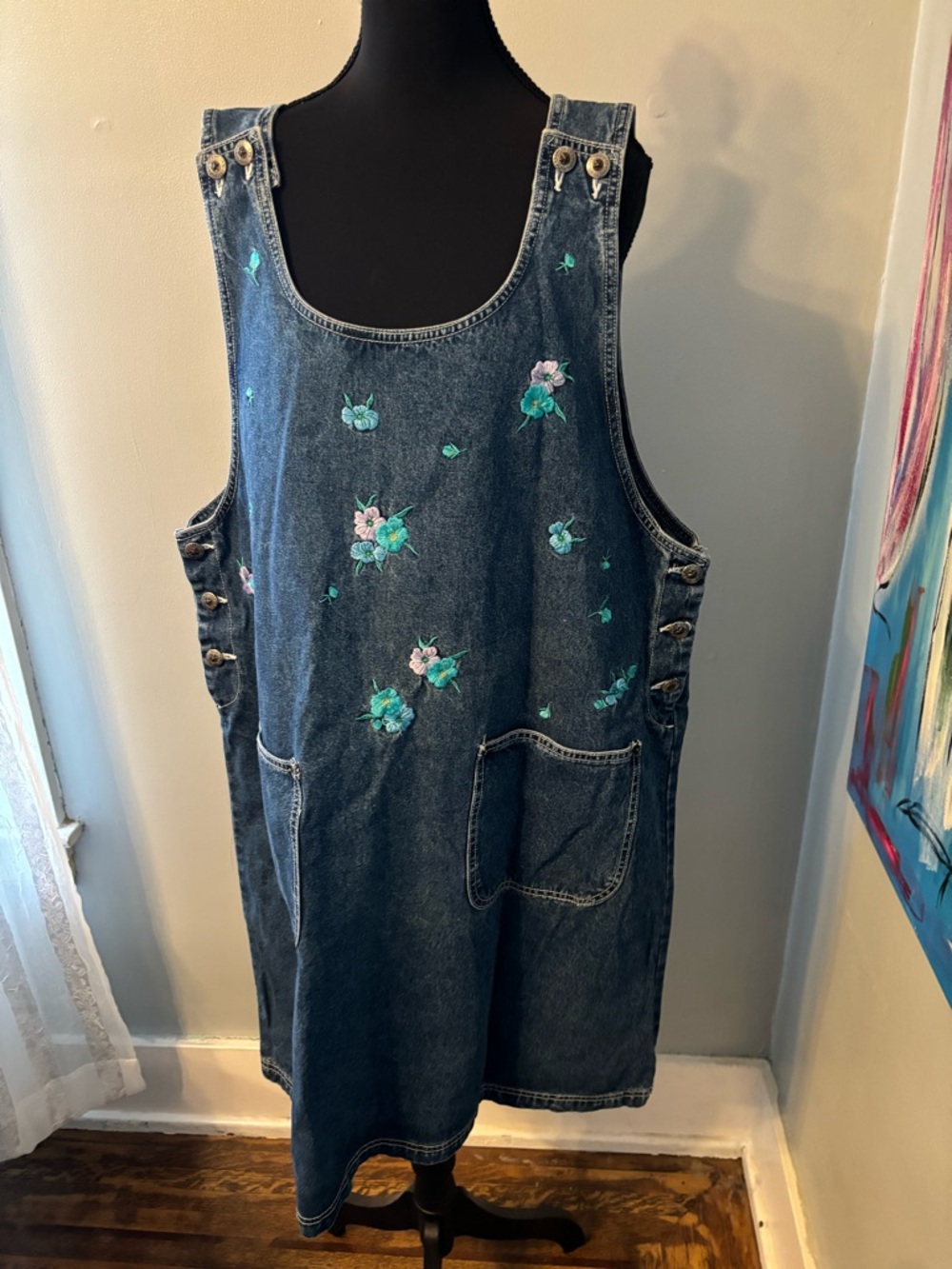Vtg Carolina blues womens denim jean jumper dress embroidered flowers 1X XXL